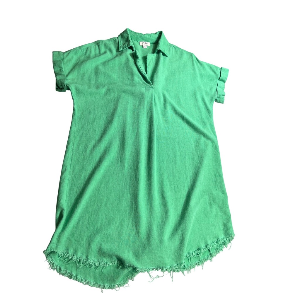 Umgee USA Linen Blend Tunic Dress Medium Green Frayed Hem Collared Boho Beach‎